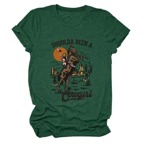 Maglietta verde da donna stile western vintage con maniche corte e stampa cowgirl top.