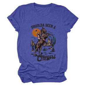 Donna vintage western cowgirl grafico manica corta melange blu t-shirt girocollo top