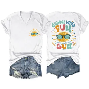 Süßes Damen V-Ausschnitt Kurzarm T-Shirt mit Schule war Spaß Sonnen-Druck Sommer Top