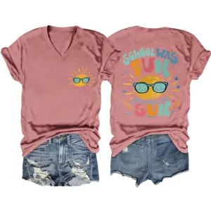Süßes Sommer Damen V-Ausschnitt Kurzarm T-Shirt mit lustigem Sonnen-Grafikdruck für Damen.