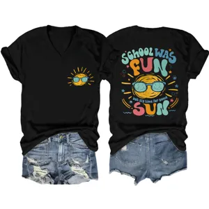 Schwarzes Damen V-Ausschnitt T-Shirt Kurzarm mit lustigem Schul-Sonne Grafikprint Top.