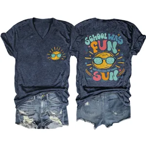 Lässiges dunkelblaues Damen T-Shirt mit V-Ausschnitt, kurzen Ärmeln und süßem Sonnen-Druck hinten.