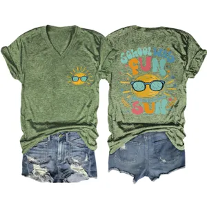 Damen Vintage grüne V-Ausschnitt Kurzarm T-Shirt mit süßem Sonnen Grafik Schullandshirt