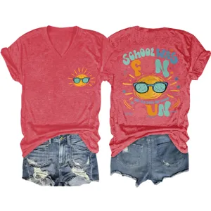 Damen V-Ausschnitt Kurzarm T-Shirt lässiges Sommer Top mit lustigem Sonnen-Print.
