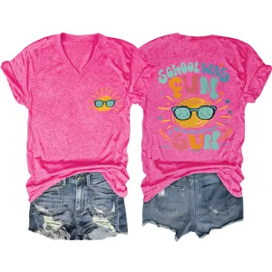 Damen V-Ausschnitt Kurzarm T-Shirt mit Retro Sonne Druck, Freizeit Sommer Oberteil.