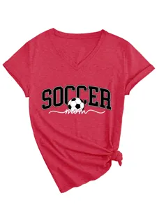 Femme Col V Manches Courtes T-Shirt Graphique Maman de Foot Ourlet Noué Haut Casual