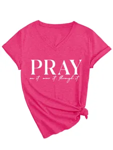 Maglietta da donna rosa vivo con scollo a V manica corta nodo grafica top casual