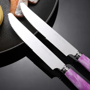 Ensemble de couteaux à steak en acier inoxydable avec manche marbre violet, lame dentelée tranchante.
