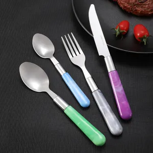 Edelstahl Besteckset mit bunten Harzgriffen, stilvolle Gabel, Löffel und Messer für Küche.