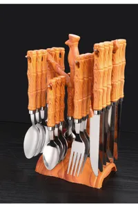 Stainless steel flatware set with wood grain handle, steak knife fork spoon with stand for home.
