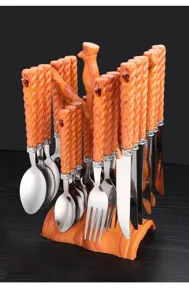 Stainless steel cutlery set with wood grain handle, fork spoon knife and holder for kitchen.