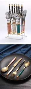 Stainless Steel Cutlery Set Marble Handle Knife Fork Spoon with Storage Rack Gold Kitchen