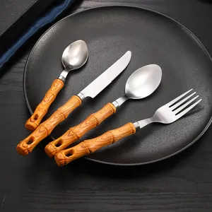 Stainless Steel Western Cutlery Set Wood Grain Handle Knife Fork Spoon Tableware Kit For Home Kitchen Dining