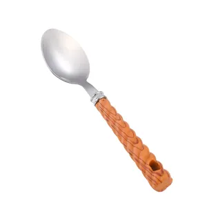 Stainless steel dinner spoon with stylish wood grain twisted handle, perfect for home and hotel use.