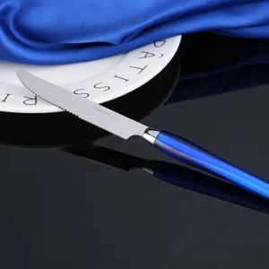 Μαχαίρι μπριζόλας από ανοξείδωτο ατσάλι με μπλε λαβή για το τραπέζι, ανθεκτική οδοντωτή λεπίδα.