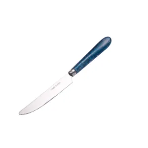 Coltello da bistecca in acciaio inox con manico glitterato blu per tavola moderna.