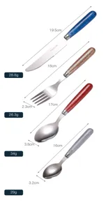 Set di posate in acciaio inossidabile con manico glitterato, dimensioni e peso dettagliati.