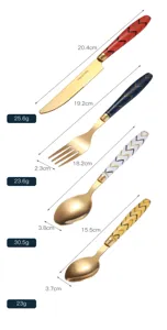 Stainless steel flatware set with titanium gold finish and geometric patterned handles.