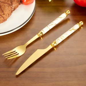 Set de couverts en acier inoxydable couteau à steak et fourchette avec manche marbré