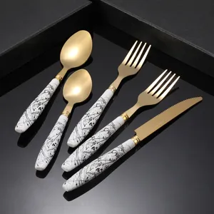 Stainless steel flatware set with ink pattern handle, 5-piece western cutlery set.