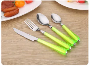 Juego de cubiertos de acero inoxidable 4 piezas cuchillo tenedor cuchara con mangos verdes.