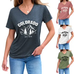 Damen V-Ausschnitt Kurzarm T-Shirt mit Colorado Berg Grafik Druck, lässiges Sommershirt.