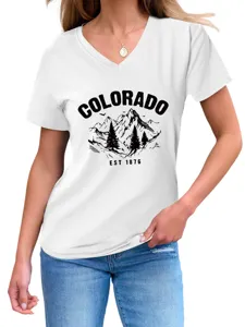 Damen Colorado Berg Grafik Print V-Ausschnitt Kurzarm Freizeit Baumwolle T-Shirt.