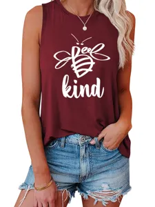 Casual dames mouwloze tanktop met schattige bijenprint, comfortabele losse bordeauxrode top.