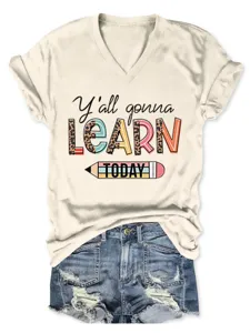 Lässiges Damen V-Ausschnitt Kurzarm T-Shirt mit süßem Lehrer Motiv Druck, bequemes Top.