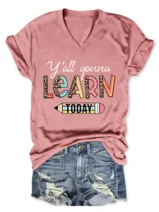 Damen V-Ausschnitt Kurzarm Freizeit T-Shirt mit modischem Leo-Buchstaben-Druck, bequemes Oberteil.