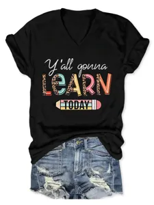 Damen V-Ausschnitt Kurzarm T-Shirt Sommer lässige Oberteile mit lustigem Buchstaben Print.