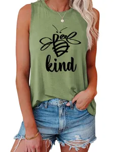 Casual comfortabel damestanktop in olijfgroen met een schattige bijenprint en mooie tekst.