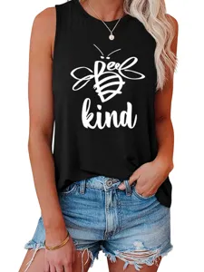 Dames casual zwarte tanktop met schattige bij grafische print, comfortabel mouwloos zomershirt.