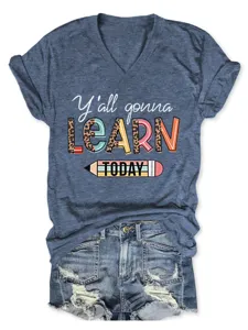 Damen V-Ausschnitt Kurzarm T-Shirt lässiges blaues Sommer Top mit grafischem Buchstaben