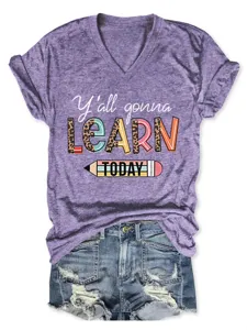 Bequemes lässiges Damen V-Ausschnitt Kurzarm T-Shirt mit lustigem Buchstaben Druck für Alltag.