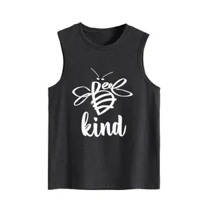 Donkergrijze mouwloze tanktop met wit bijen grafische print detail in casual stijl.