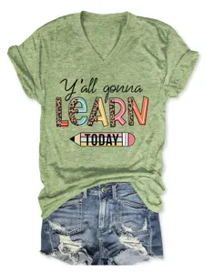 Damen lässiges V-Ausschnitt Kurzarmshirt mit Buchstabenprint, bequeme Alltagsmode.