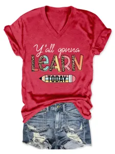 Damen Rotes V-Ausschnitt Kurzarm T-Shirt Lässiges Buchstaben Druck Oberteil mit Jeans
