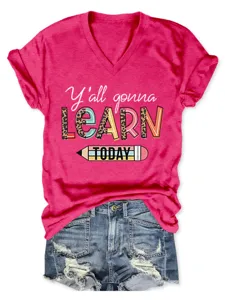 Damen lässiges Kurzarm V-Ausschnitt T-Shirt mit Buchstaben-Print, bequemes Alltagsshirt.
