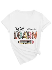 Damen Weiß V-Ausschnitt Kurzarm T-Shirt Lässig Grafik Tee mit Seitenknoten und Buchstabe
