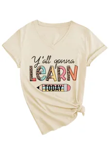 Detailansicht Damen V-Ausschnitt Kurzarm T-Shirt mit Frontdruck und feinem Knotensaum.