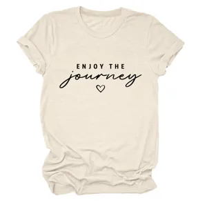 T-shirt donna girocollo manica corta casual con stampa di citazione motivazionale, beige.