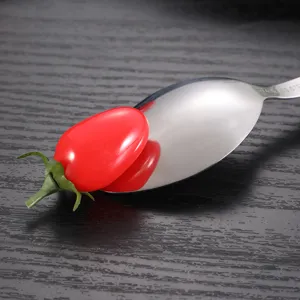 Stainless steel western spoon tableware with simulation tomato prop, clean desktop main image display.