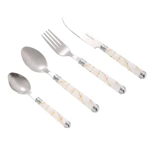 Stainless steel cutlery set with white marble ceramic handles, elegant 4-piece tableware.