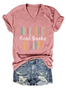 Damen V-Ausschnitt Kurzarm Grafisches T-Shirt Freizeit Buchstabe Print Oberteil mit Shorts