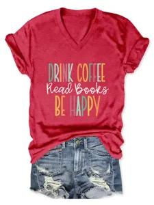 Damen Kurzarm V-Ausschnitt rotes T-Shirt mit Kaffee Bucher Grafikdruck Sommer Oberteil