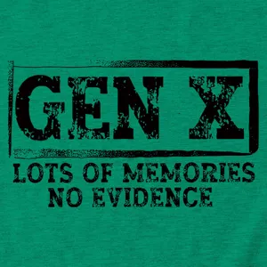 Detailed close-up view of Gen X slogan print on green cotton short sleeve graphic t-shirt