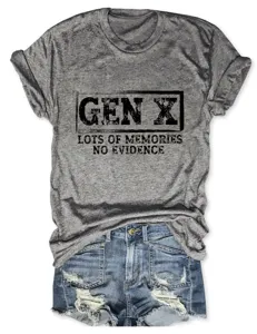 Casual grey Gen X slogan print short sleeve t-shirt paired with denim shorts for women.
