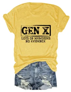 Yellow crewneck t-shirt with graphic print and stylish ripped denim shorts for women.