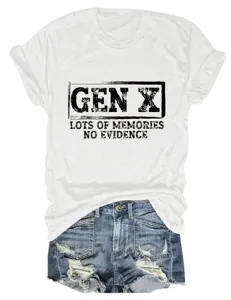 Detailed view of the women's short sleeve white t-shirt featuring a vintage Gen X graphic.